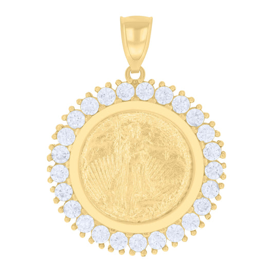 10K Yellow Gold Cubic-Zirconia Mens Lady Liberty Medallion Charm Pendant
