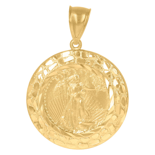10K Yellow Gold Diamond-Cut Mens Lady Liberty Medallion Charm Pendant
