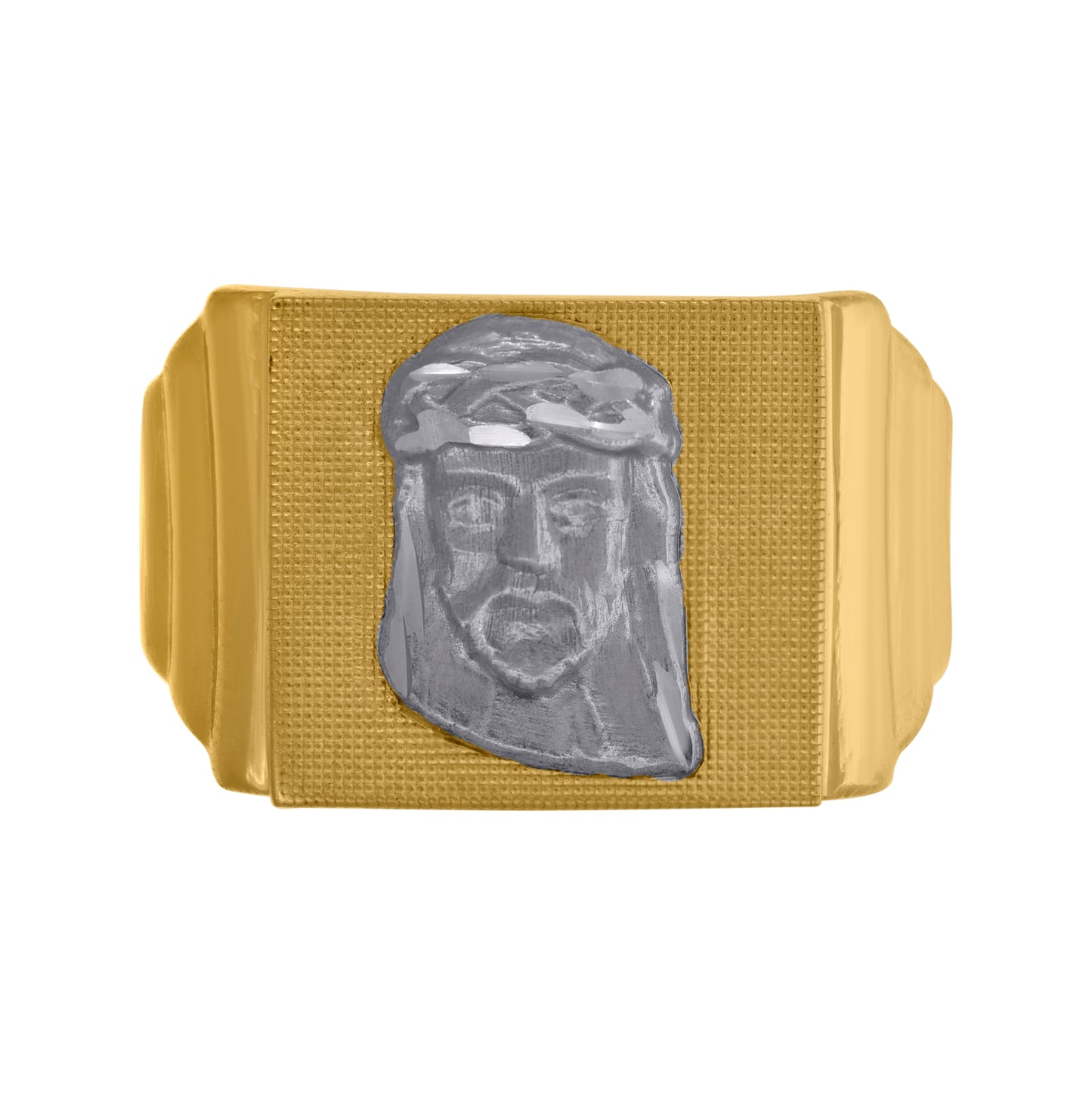 10K Two-Tone Gold Mens Diamond Cut Textured Jesus Face Religious Ring