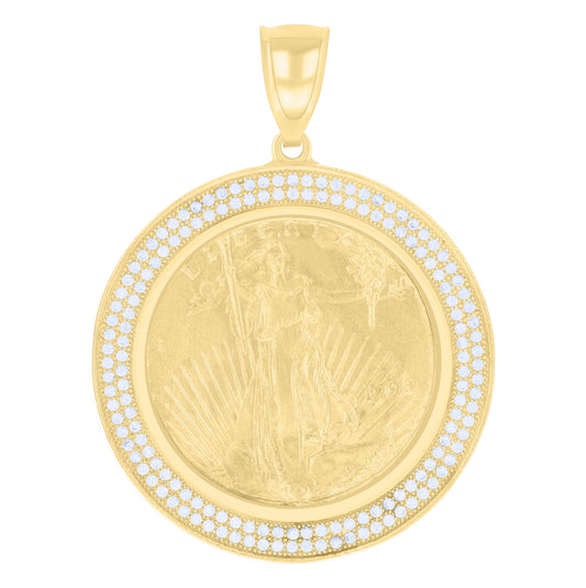 10K Gold Two-Tone Cubic-Zirconia Mens Lady Liberty Medallion Charm Pendant