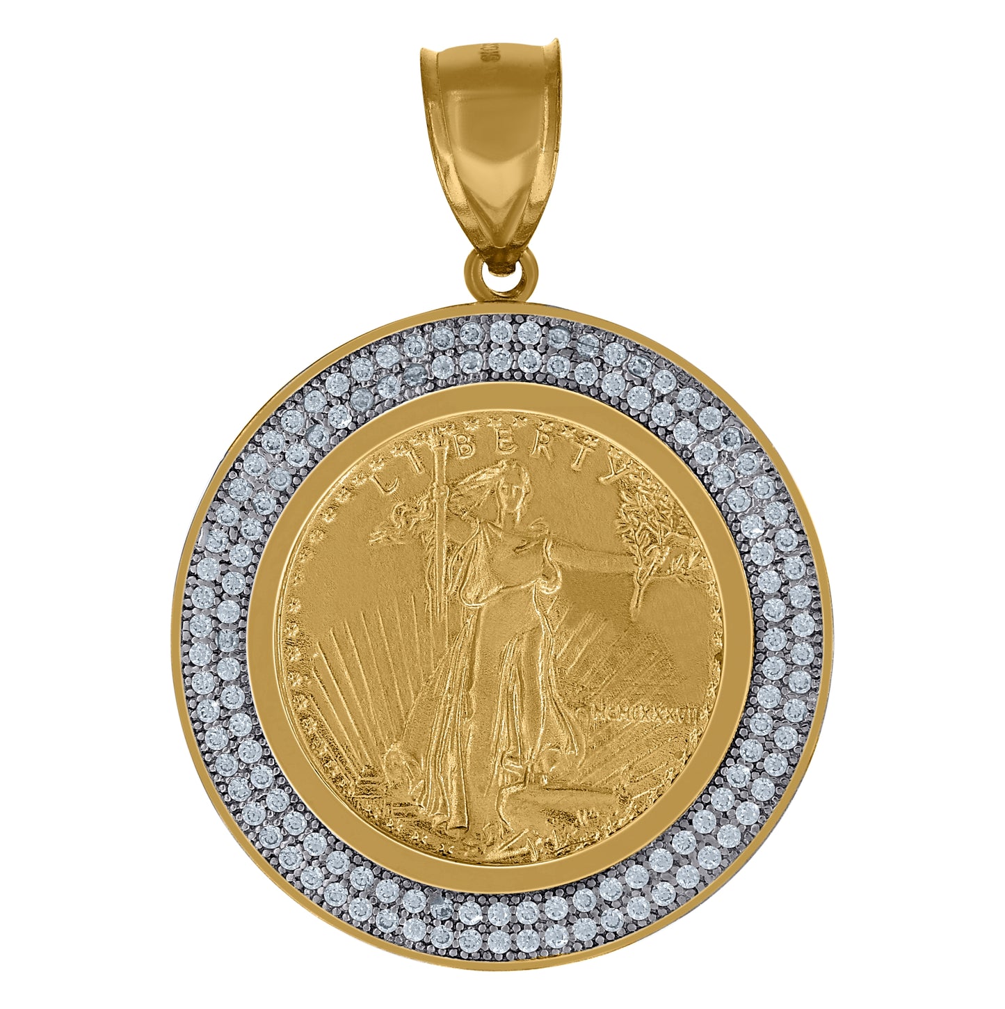 10K Gold Two-Tone Cubic-Zirconia Mens Lady Liberty Medallion Charm Pendant