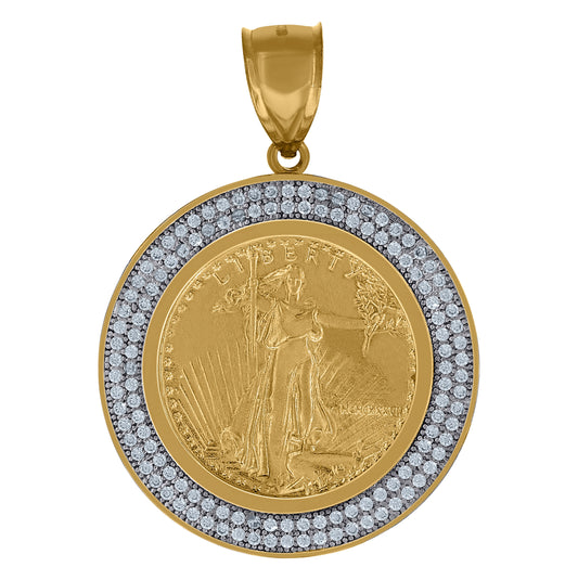 10K Gold Two-Tone Cubic-Zirconia Mens Lady Liberty Medallion Charm Pendant