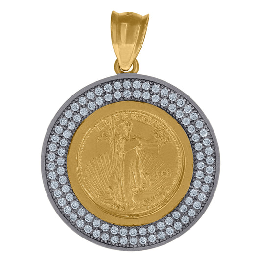 10K Gold Two-Tone Cubic-Zirconia Mens Lady Liberty Medallion Charm Pendant