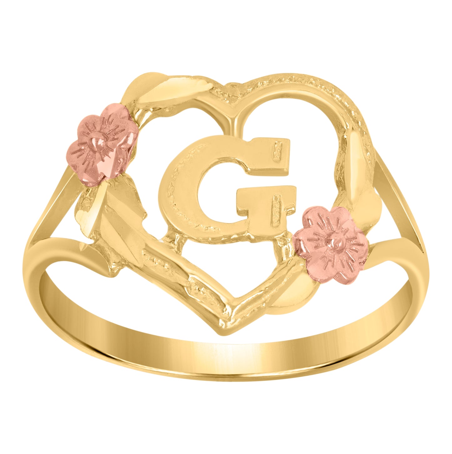10K Two-Tone Gold Womens Diamond Cut Textured Initial Letter Heart Bridal Anniversary Engagement Wedding Band Ring