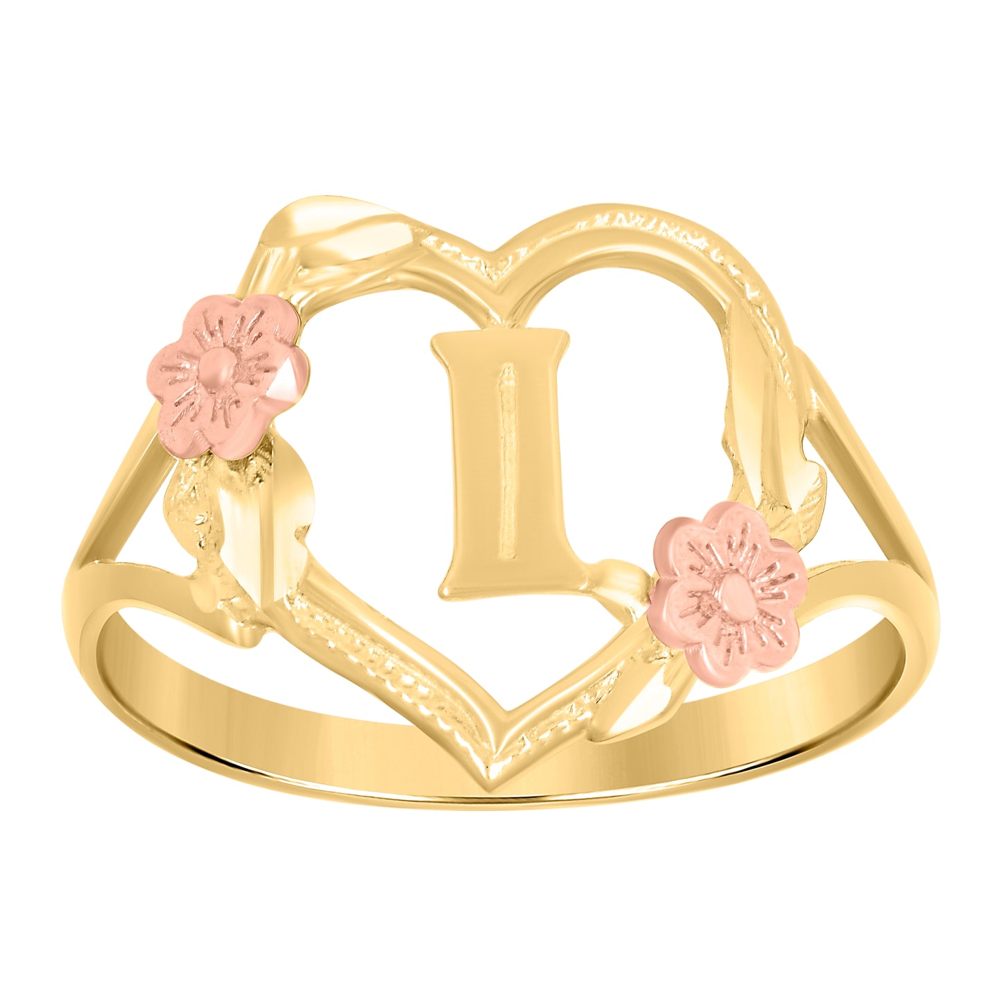 10K Two-Tone Gold Womens Diamond Cut Textured Initial Letter Heart Bridal Anniversary Engagement Wedding Band Ring