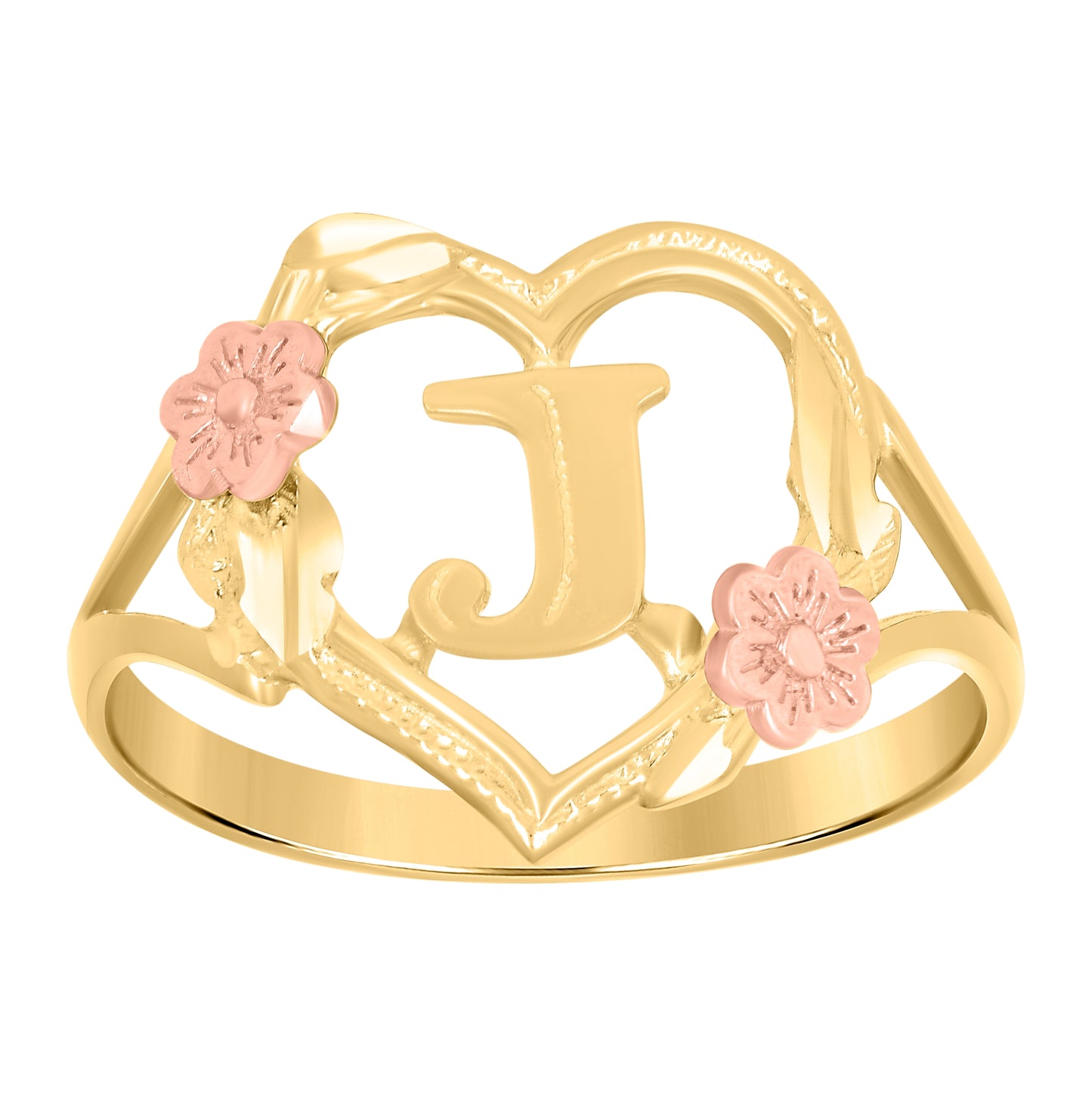 10K Two-Tone Gold Womens Diamond Cut Textured Initial Letter Heart Bridal Anniversary Engagement Wedding Band Ring