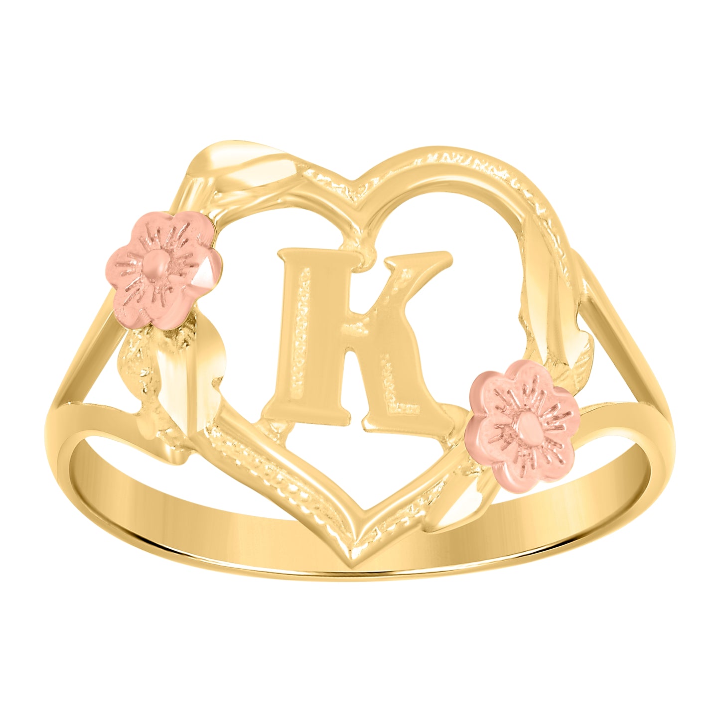 10K Two-Tone Gold Womens Diamond Cut Textured Initial Letter Heart Bridal Anniversary Engagement Wedding Band Ring