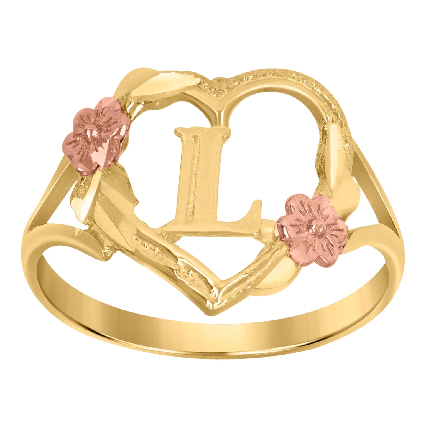 10K Two-Tone Gold Womens Diamond Cut Textured Initial Letter Heart Bridal Anniversary Engagement Wedding Band Ring