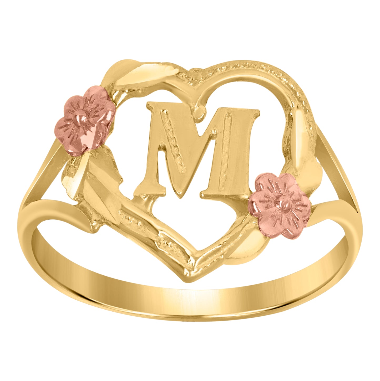 10K Two-Tone Gold Womens Diamond Cut Textured Initial Letter Heart Bridal Anniversary Engagement Wedding Band Ring