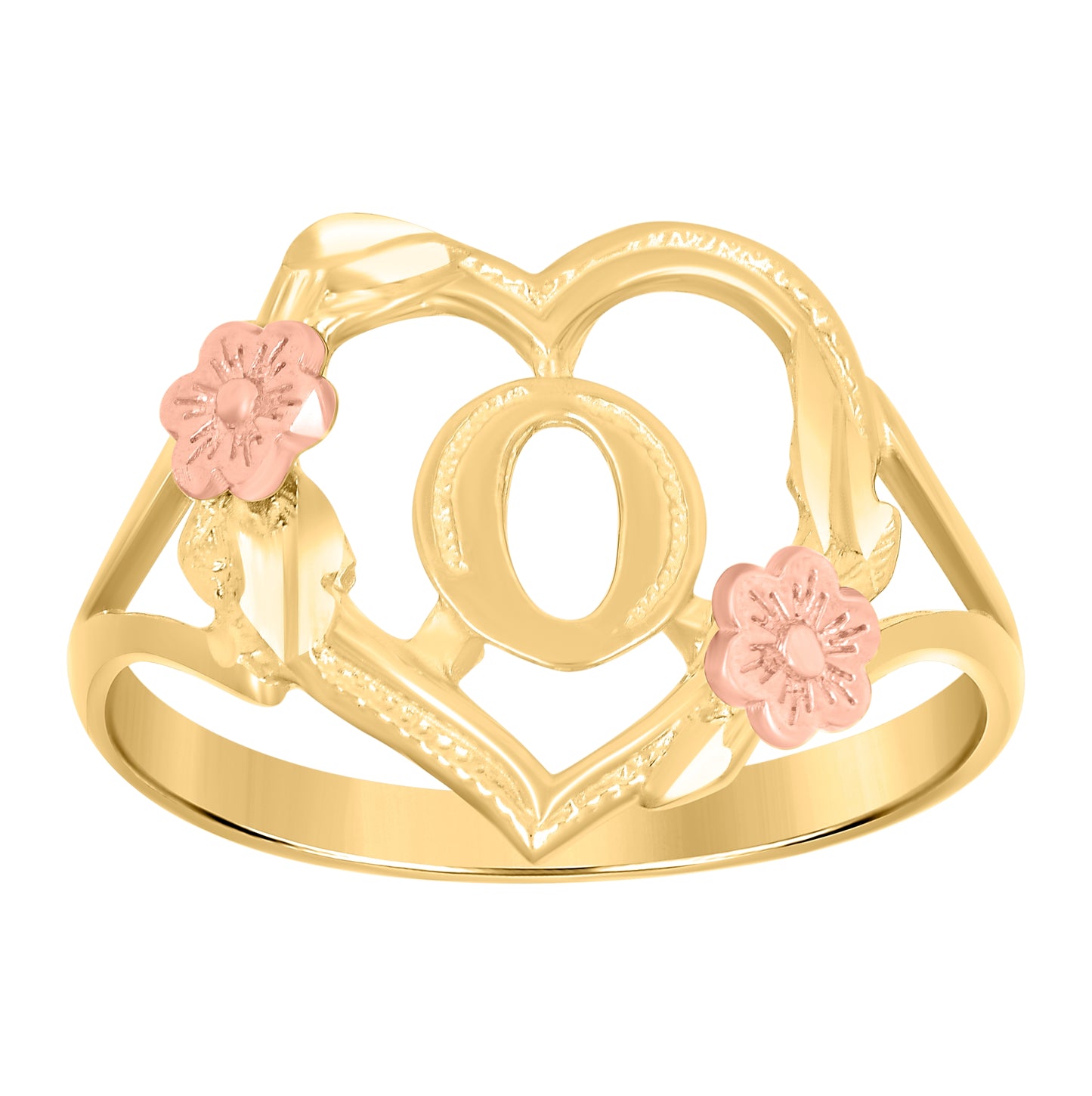 10K Two-Tone Gold Womens Diamond Cut Textured Initial Letter Heart Bridal Anniversary Engagement Wedding Band Ring