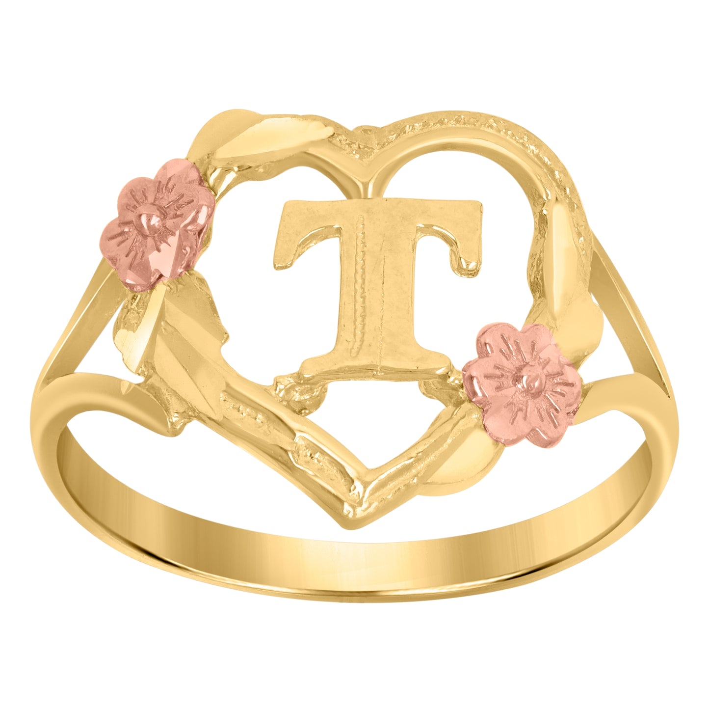 10K Two-Tone Gold Womens Diamond Cut Textured Initial Letter Heart Bridal Anniversary Engagement Wedding Band Ring