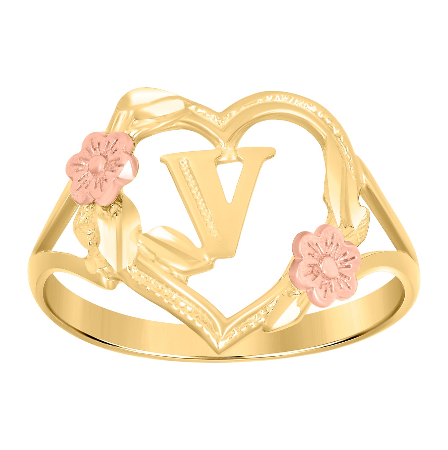 10K Two-Tone Gold Womens Diamond Cut Textured Initial Letter Heart Bridal Anniversary Engagement Wedding Band Ring