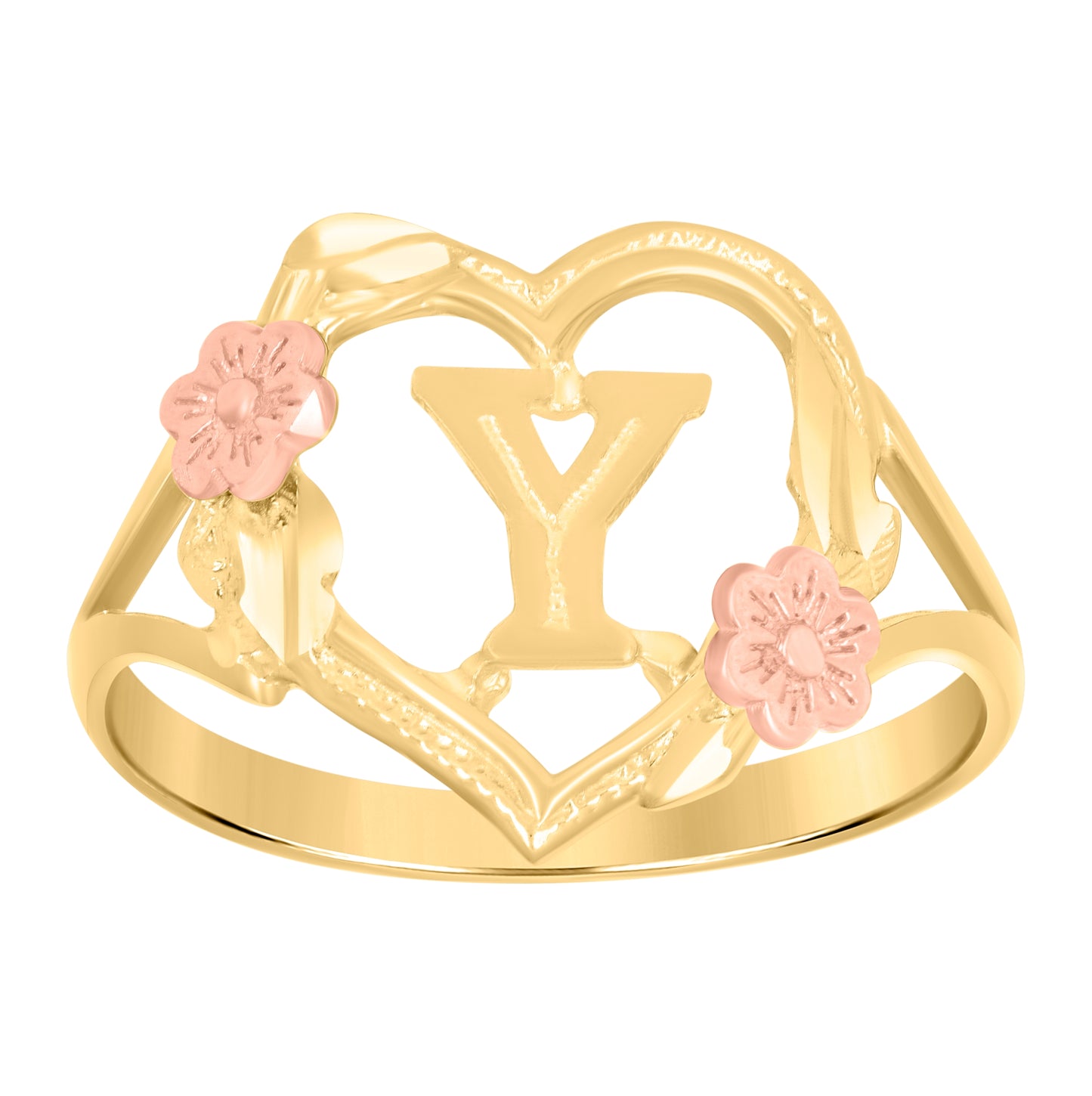 10K Two-Tone Gold Womens Diamond Cut Textured Initial Letter Heart Bridal Anniversary Engagement Wedding Band Ring