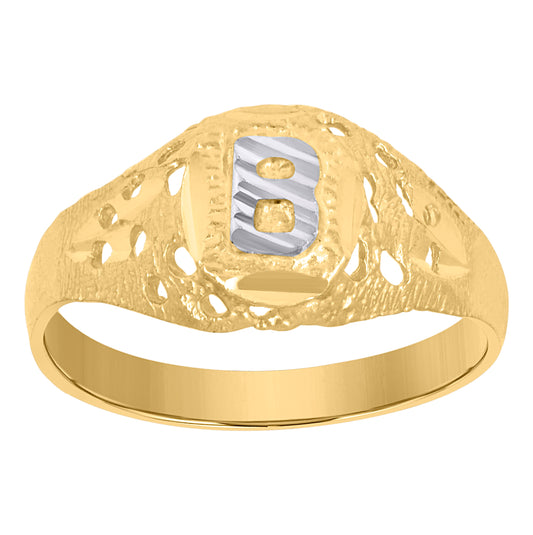 10K Two-Tone Gold Mens Diamond-Cut Textured Oval Initial Letter Band Ring