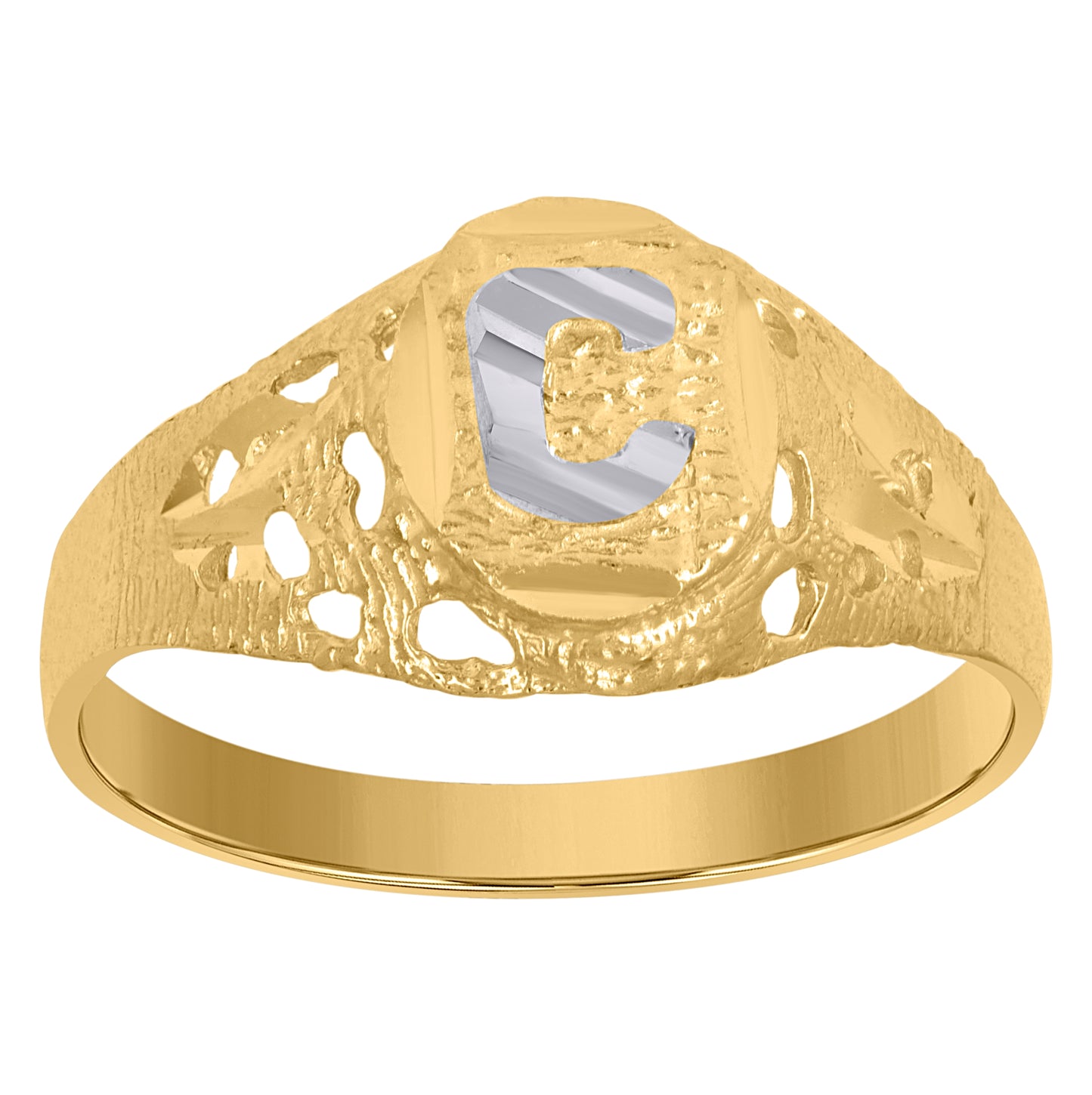 10K Two-Tone Gold Mens Diamond-Cut Textured Oval Initial Letter Band Ring