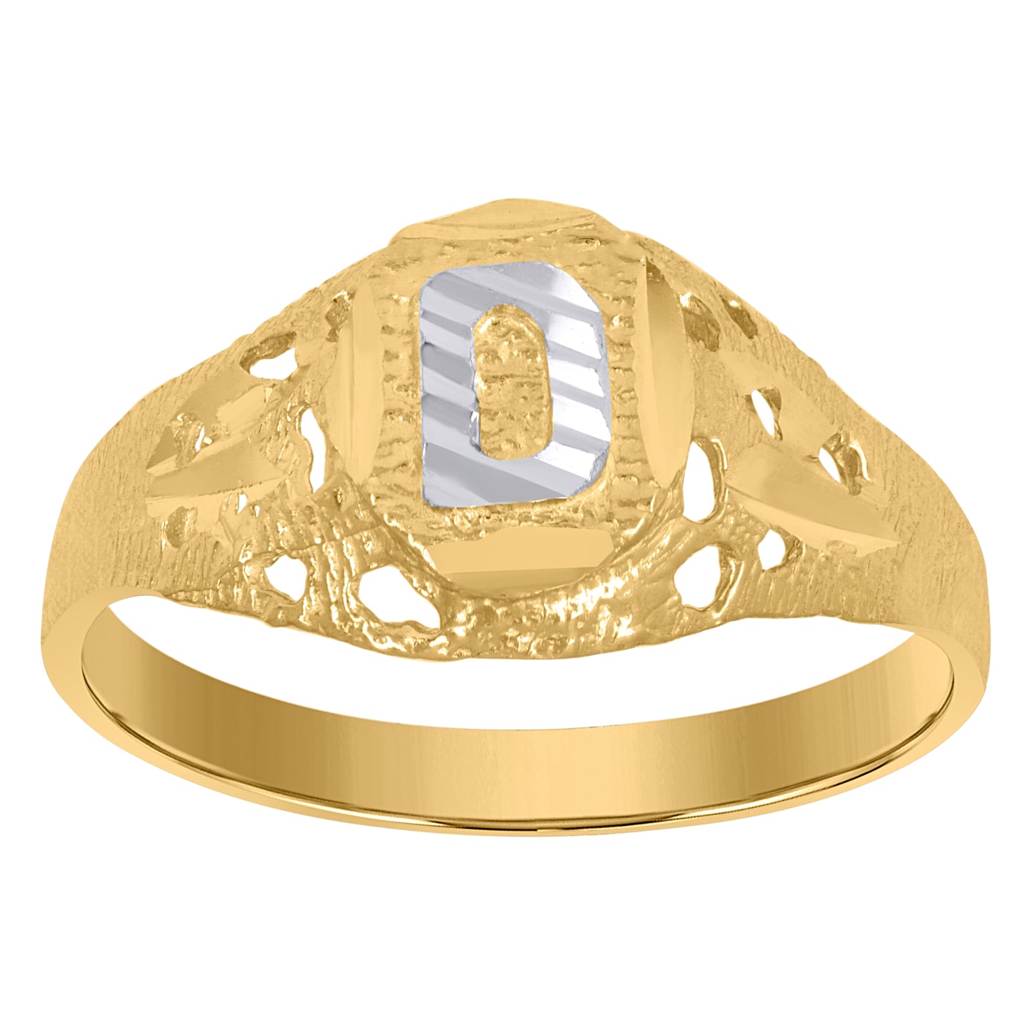 10K Two-Tone Gold Mens Diamond-Cut Textured Oval Initial Letter Band Ring