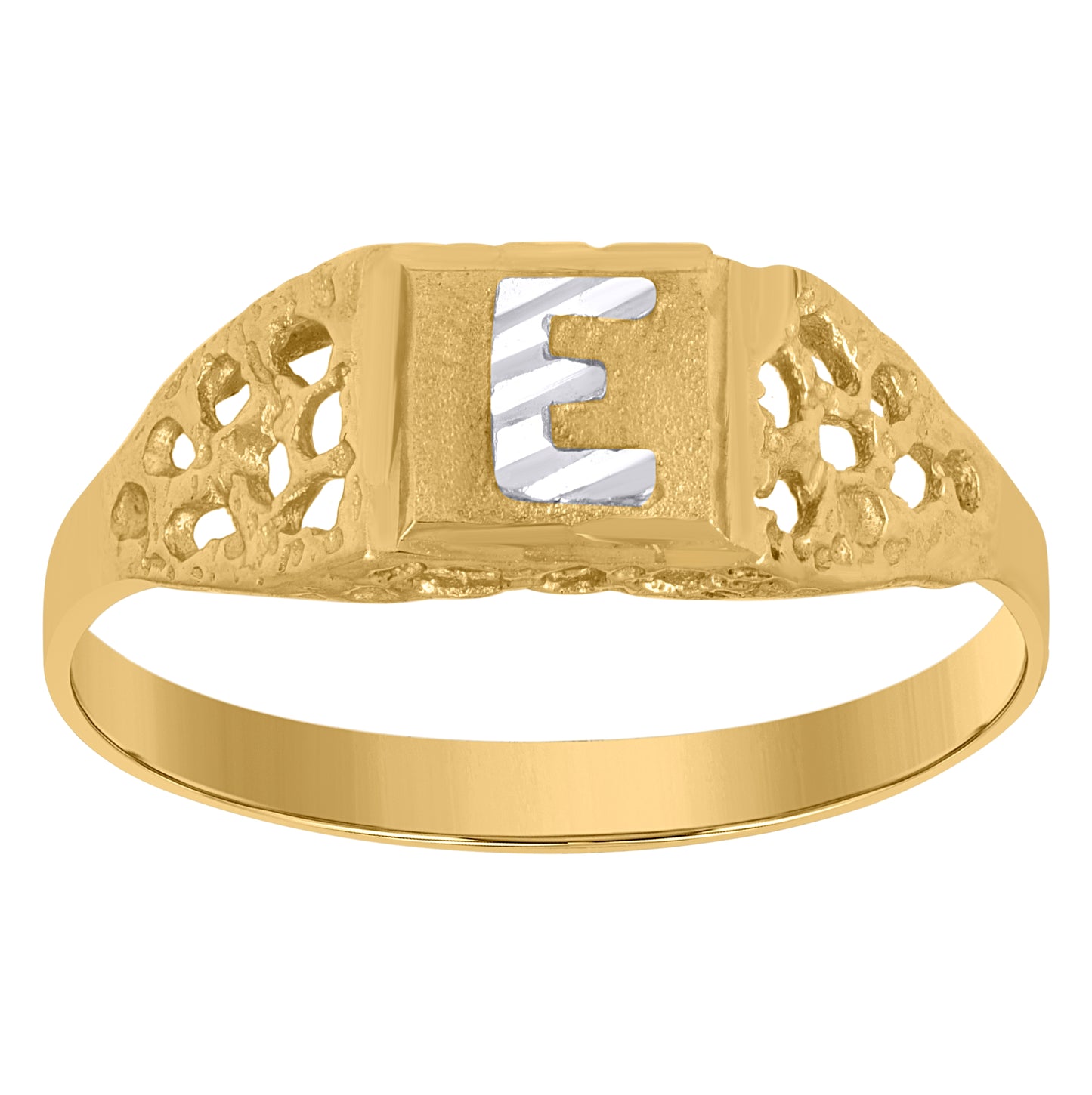 10K Two-Tone Gold Mens Diamond-Cut Textured Oval Initial Letter Band Ring
