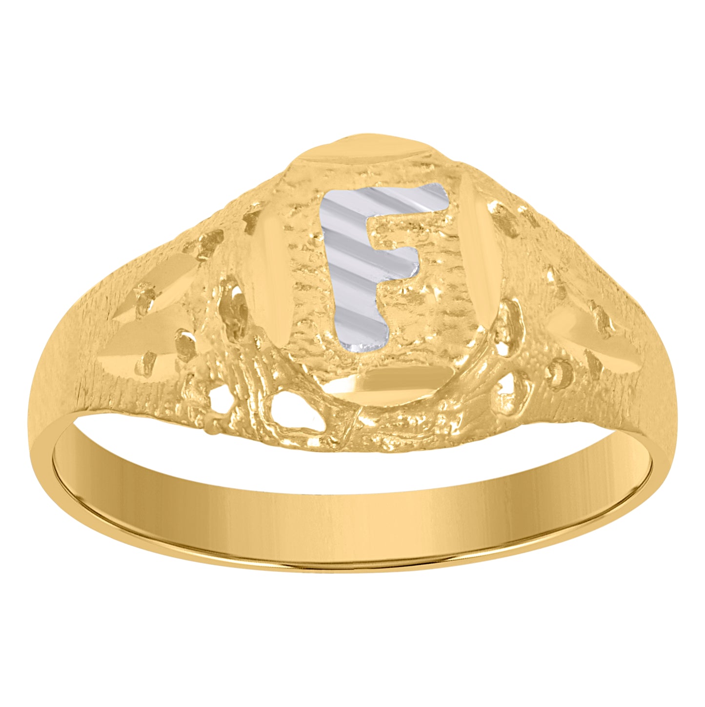 10K Two-Tone Gold Mens Diamond-Cut Textured Oval Initial Letter Band Ring