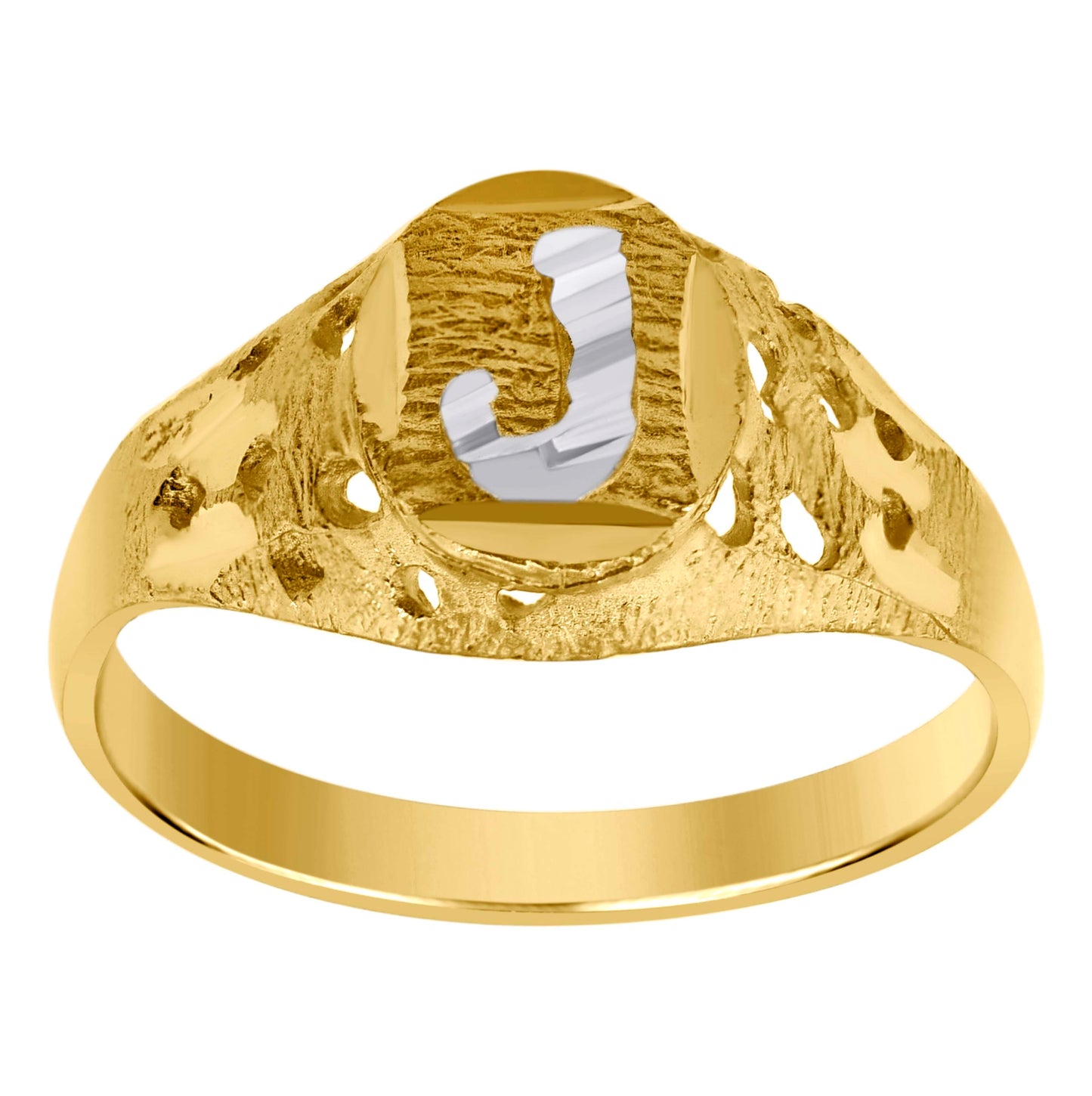 10K Two-Tone Gold Mens Diamond-Cut Textured Oval Initial Letter Band Ring
