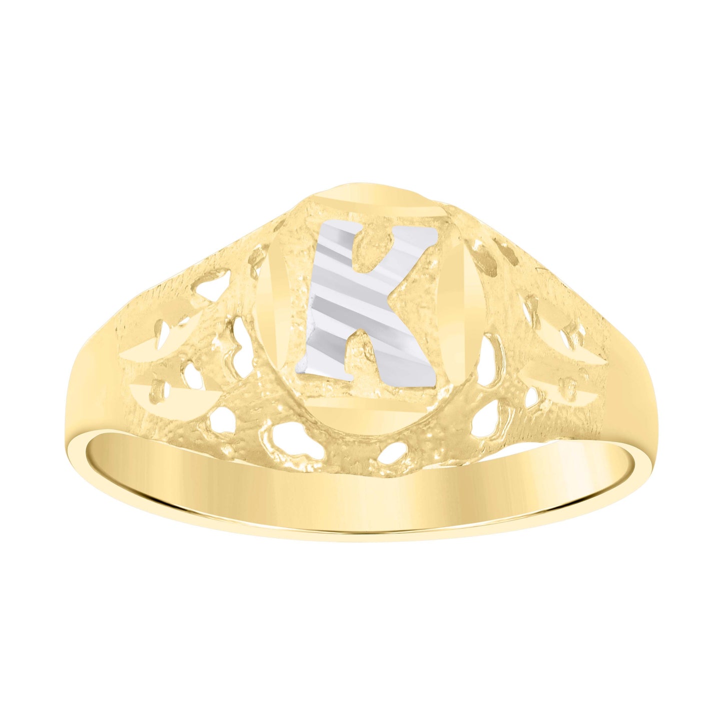 10K Two-Tone Gold Mens Diamond-Cut Textured Oval Initial Letter Band Ring