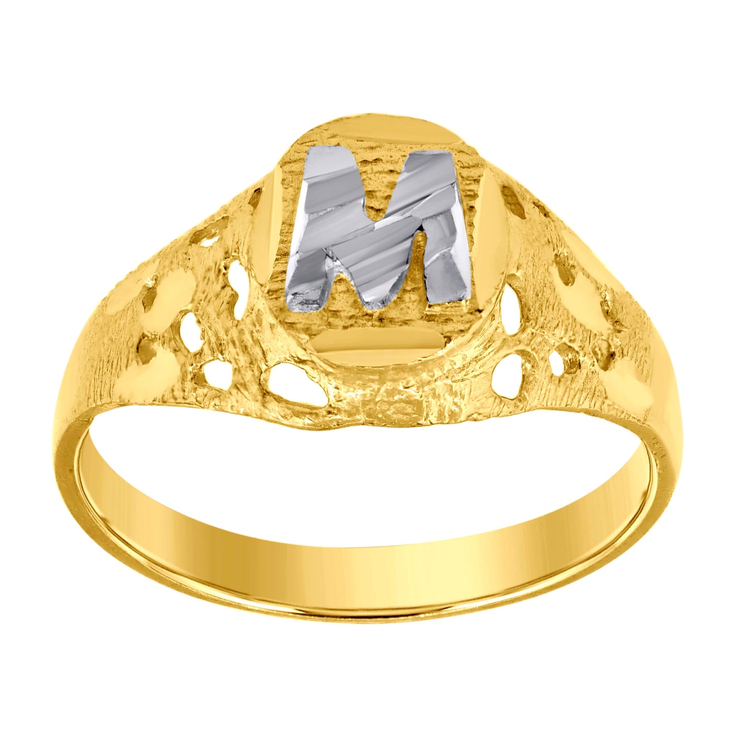 10K Two-Tone Gold Mens Diamond-Cut Textured Oval Initial Letter Band Ring