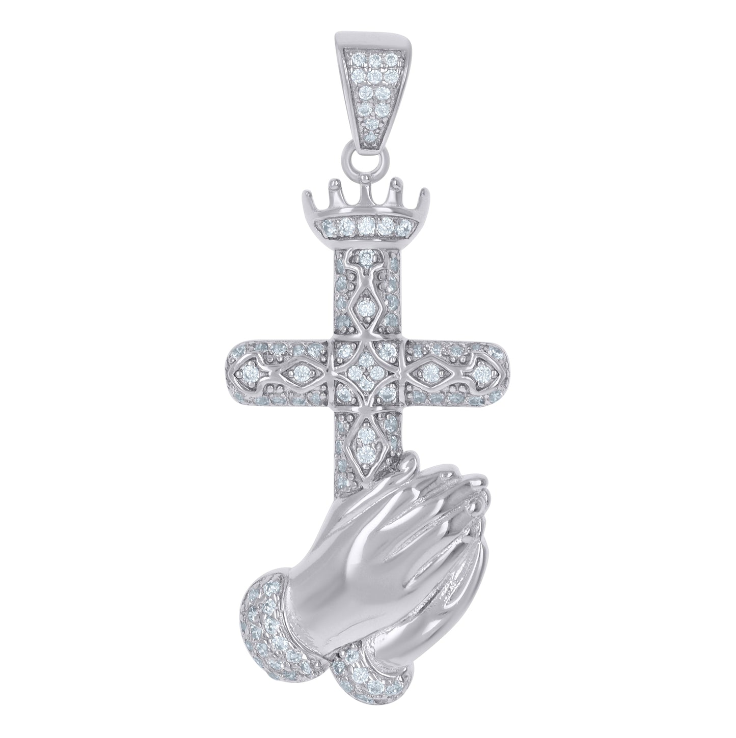 Sterling Silver Men Cubic-Zirconia Praying Hands Cross Religious Charm Pendant