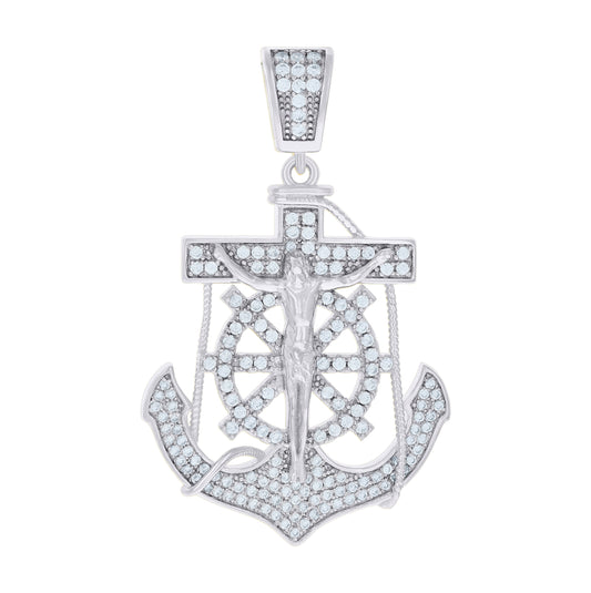 Sterling Silver Mens Cubic Zirconia Religious Anchor Crucifix Charm Pendant