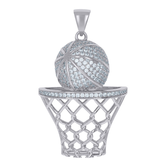 Sterling Silver Mens Cubic-Zirconia Basket Ball Sports Charm Pendant