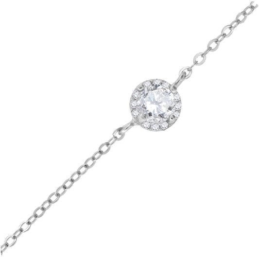 Sterling Silver Womens Cubic Zirconia Rolo Link Halo Bracelet