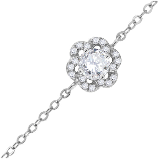 Sterling Silver Womens Cubic Zirconia Rolo Link Flower Bracelet