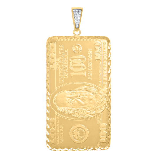 Sterling Silver Yellow-tone Mens Cubic-Zirconia 100 Dollar Bill Currency Fashion Charm Pendant