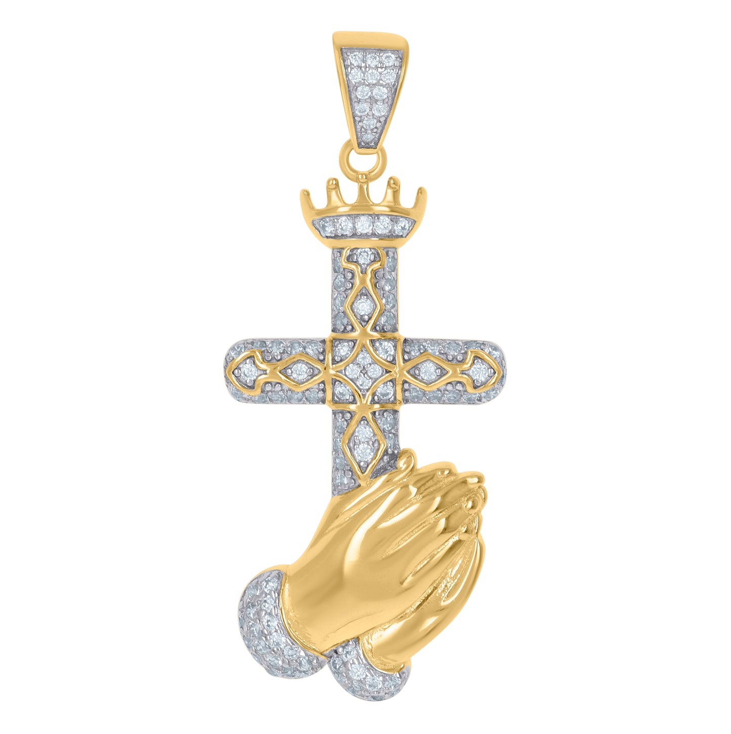 Sterling Silver Men Cubic-Zirconia Praying Hands Cross Religious Charm Pendant