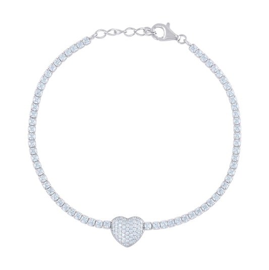 Sterling Silver Womens Cubic Zirconia Box Chain Heart Bracelet