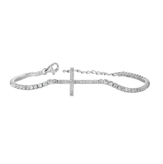 Sterling Silver Womens Cubic Zirconia Box Chain Cross Bracelet