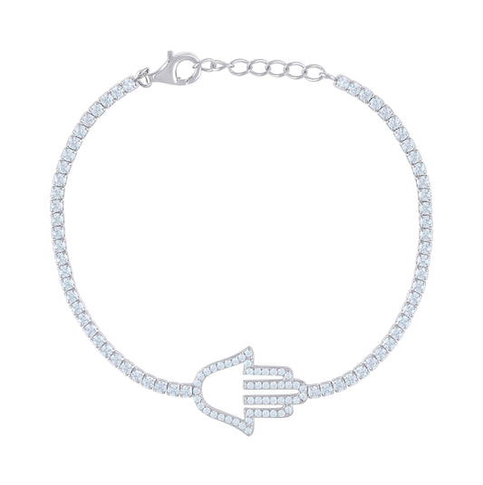 Sterling Silver Womens Cubic Zirconia Fancy Humsa Bracelet