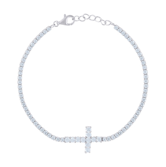 Sterling Silver Womens Cubic Zirconia Fancy Cross Bracelet