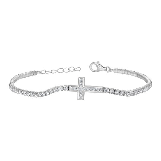 Sterling Silver Womens Cubic Zirconia Fancy Cross Bracelet