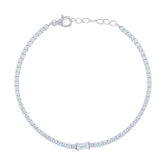Sterling Silver Womens Cubic Zirconia Fancy Tennis Baguette & Round Bracelet