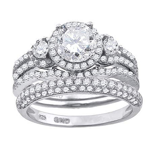Sterling Silver Cubic Zirconia Halo Bridal Anniversary Engagement Wedding Trio Set Ring
