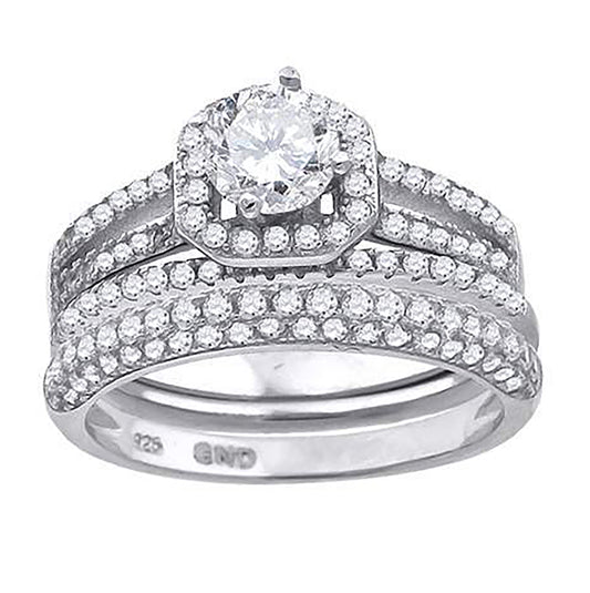 Sterling Silver Cubic Zirconia Halo Bridal Anniversary Engagement Wedding Trio Set Ring