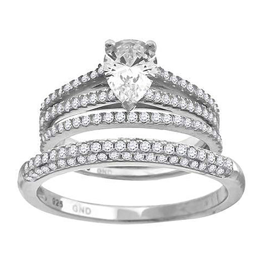 Sterling Silver Cubic Zirconia Pear Bridal Anniversary Engagement Wedding Trio Set Ring