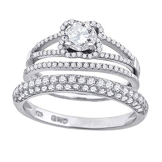 Sterling Silver Cubic Zirconia Floral Halo Bridal Anniversary Engagement Wedding Trio Set Ring