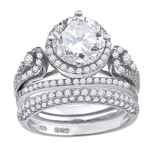 Sterling Silver Cubic Zirconia Halo Bridal Anniversary Engagement Wedding Trio Set Ring