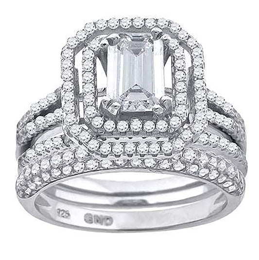 Sterling Silver Cubic Zirconia Halo Bridal Anniversary Engagement Wedding Trio Set Ring