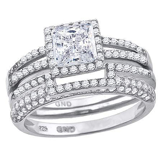 Sterling Silver Cubic Zirconia Halo Bridal Anniversary Engagement Wedding Trio Set Ring
