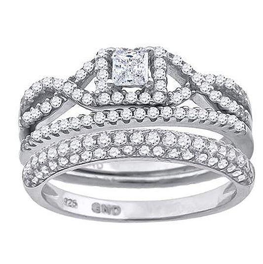 Sterling Silver Cubic Zirconia Trio Bridal Anniversary Wedding Engagement Band Ring
