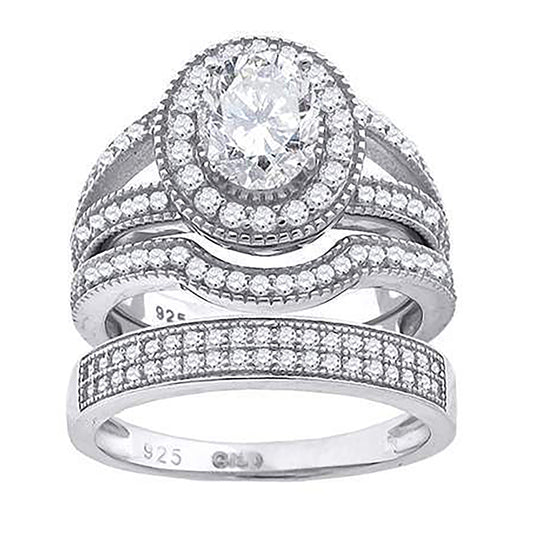 Sterling Silver Cubic Zirconia Halo Trio Bridal Anniversary Wedding Engagement Band Ring Set