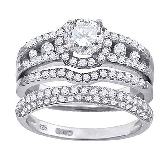 Sterling Silver Cubic Zirconia Halo Trio Bridal Anniversary Wedding Engagement Band Ring Set