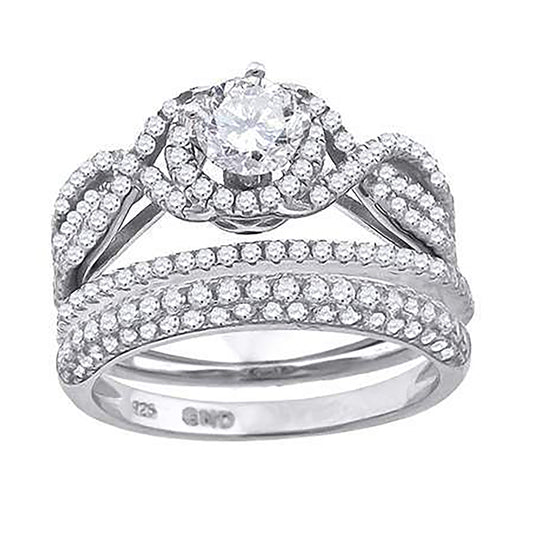 Sterling Silver Cubic Zirconia Trio Bridal Anniversary Wedding Engagement Band Ring Set