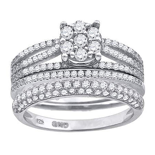 Sterling Silver Cubic Zirconia Trio Bridal Anniversary Wedding Engagement Band Ring Set
